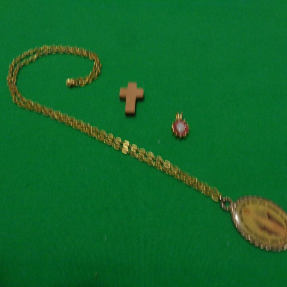 MOTHER MARY VINTAGE NECKLACE W WRITING TINY CROSS & OPAL PENDANT LOT - Picture 2 of 8